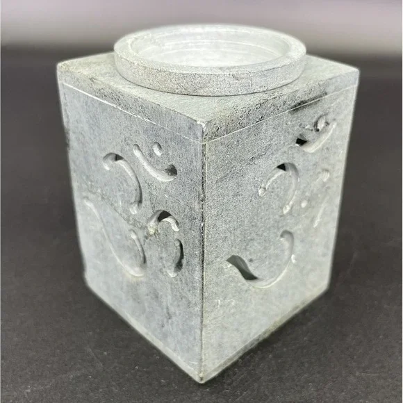 Essential Oil Burner Handcarved Soapstone Gray Om Symbol Made In India - Picture 2 of 14